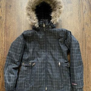 Obermeyer Black Checkered Ski Jacket with Fur Hood
